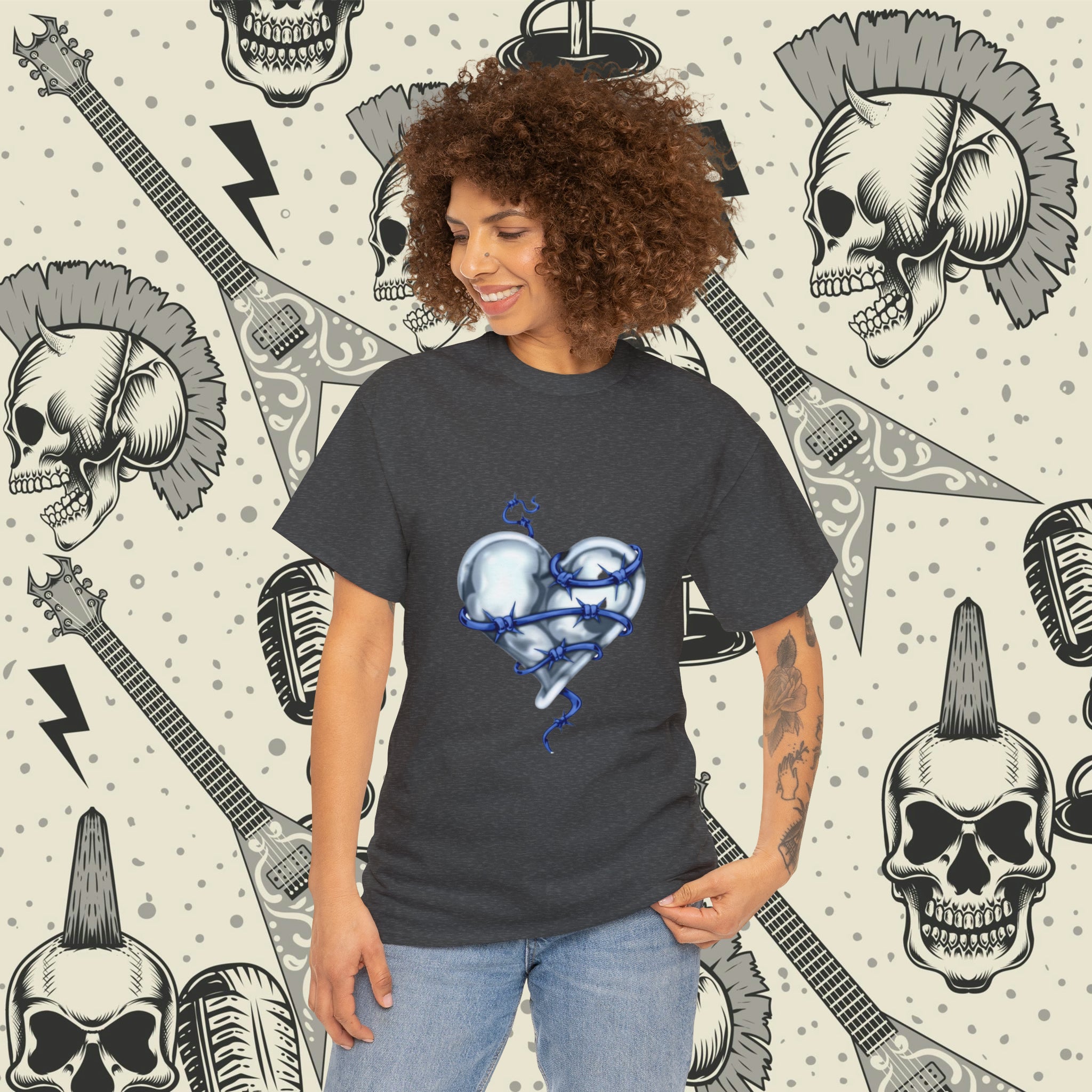 Barbed Wire Heart In Blue, Heavy Cotton Tee